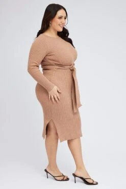 Camel Knit Dress Long Sleeve Midi Round Neck Tie Front -You And All Fashion Store cdd2267 40rb camel 5
