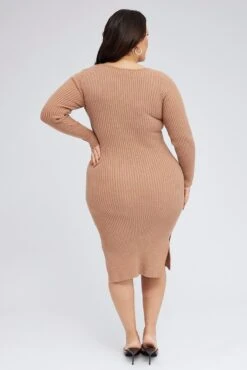 Camel Knit Dress Long Sleeve Midi Round Neck Tie Front -You And All Fashion Store cdd2267 40rb camel 6