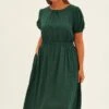 Green Midi Dress Cutout Back Puff Sleeve Linen Blend