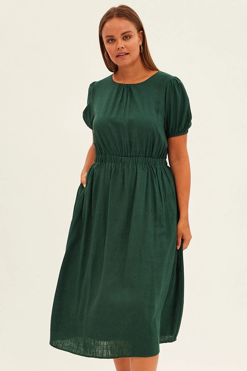 Green Midi Dress Cutout Back Puff Sleeve Linen Blend 1 Green Midi Dress Cutout Back Puff Sleeve Linen Blend