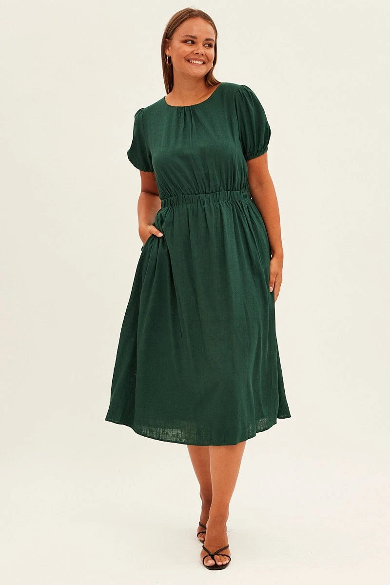 Green Midi Dress Cutout Back Puff Sleeve Linen Blend 2 Green Midi Dress Cutout Back Puff Sleeve Linen Blend - Image 2