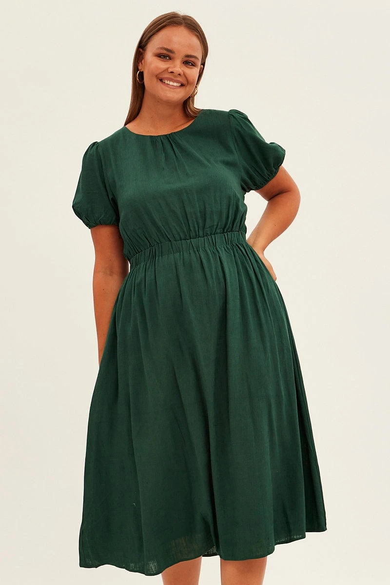 Green Midi Dress Cutout Back Puff Sleeve Linen Blend 3 Green Midi Dress Cutout Back Puff Sleeve Linen Blend - Image 3