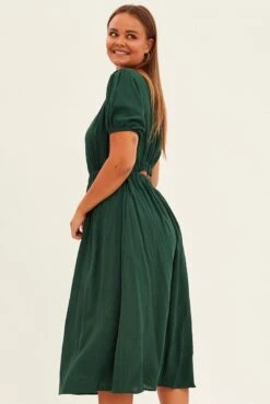 Green Midi Dress Cutout Back Puff Sleeve Linen Blend 9 Green Midi Dress Cutout Back Puff Sleeve Linen Blend -You And All Fashion Store cdd2280 34ab forest 4