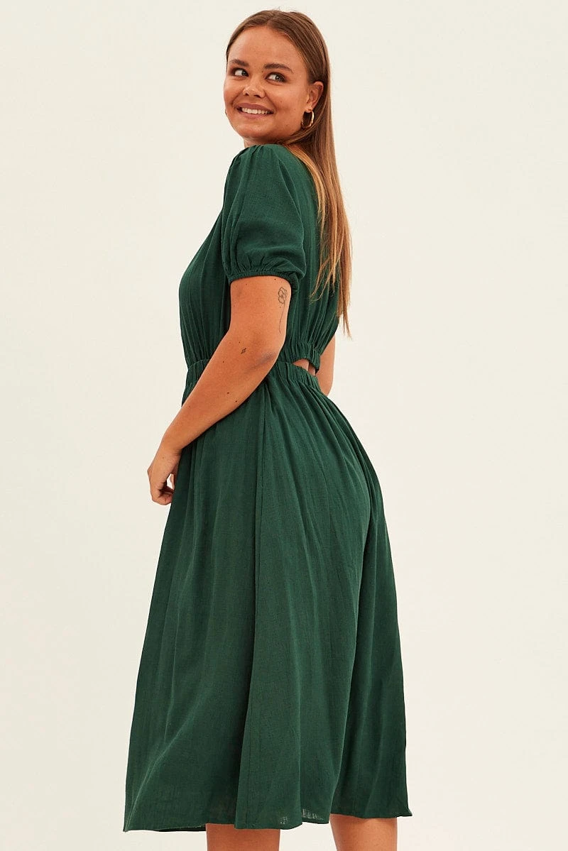 Green Midi Dress Cutout Back Puff Sleeve Linen Blend 4 Green Midi Dress Cutout Back Puff Sleeve Linen Blend - Image 4
