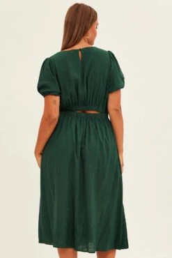 Green Midi Dress Cutout Back Puff Sleeve Linen Blend 10 Green Midi Dress Cutout Back Puff Sleeve Linen Blend -You And All Fashion Store cdd2280 34ab forest 5