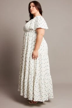 Blue Ditsy Maxi Dress Short Sleeve Shirred -You And All Fashion Store cdd2364d 34r ditsy 4