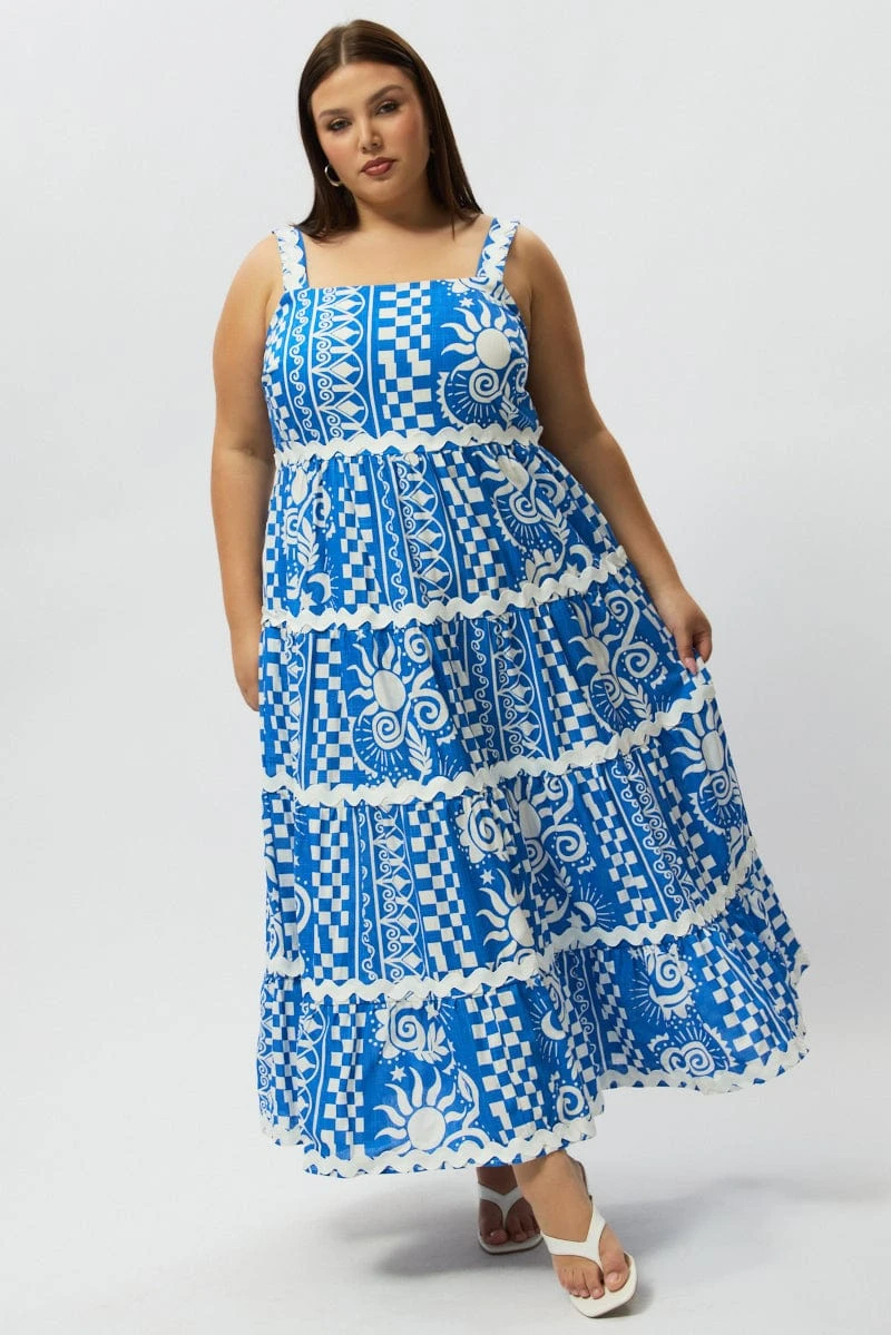 Blue Abstract Midi Dress Sleeveless Tiered Ric Rac Linen Blend 1 Blue Abstract Midi Dress Sleeveless Tiered Ric Rac Linen Blend