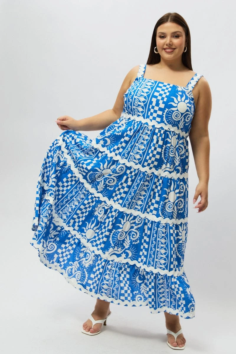 Blue Abstract Midi Dress Sleeveless Tiered Ric Rac Linen Blend 2 Blue Abstract Midi Dress Sleeveless Tiered Ric Rac Linen Blend - Image 2