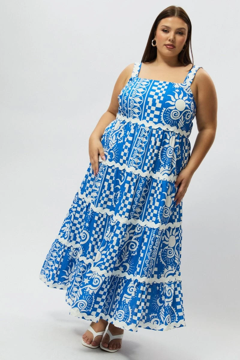 Blue Abstract Midi Dress Sleeveless Tiered Ric Rac Linen Blend 3 Blue Abstract Midi Dress Sleeveless Tiered Ric Rac Linen Blend - Image 3