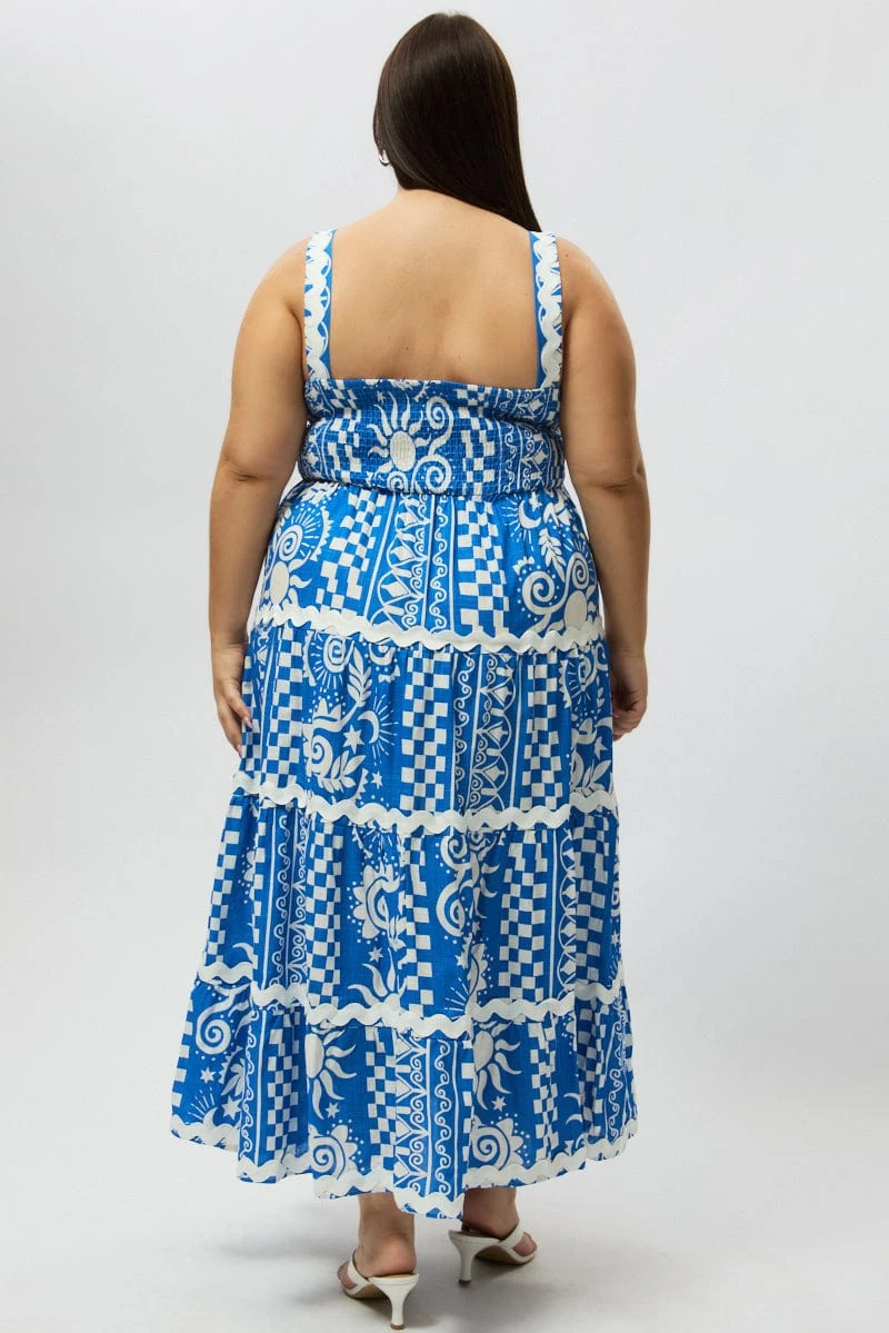 Blue Abstract Midi Dress Sleeveless Tiered Ric Rac Linen Blend 5 Blue Abstract Midi Dress Sleeveless Tiered Ric Rac Linen Blend - Image 5