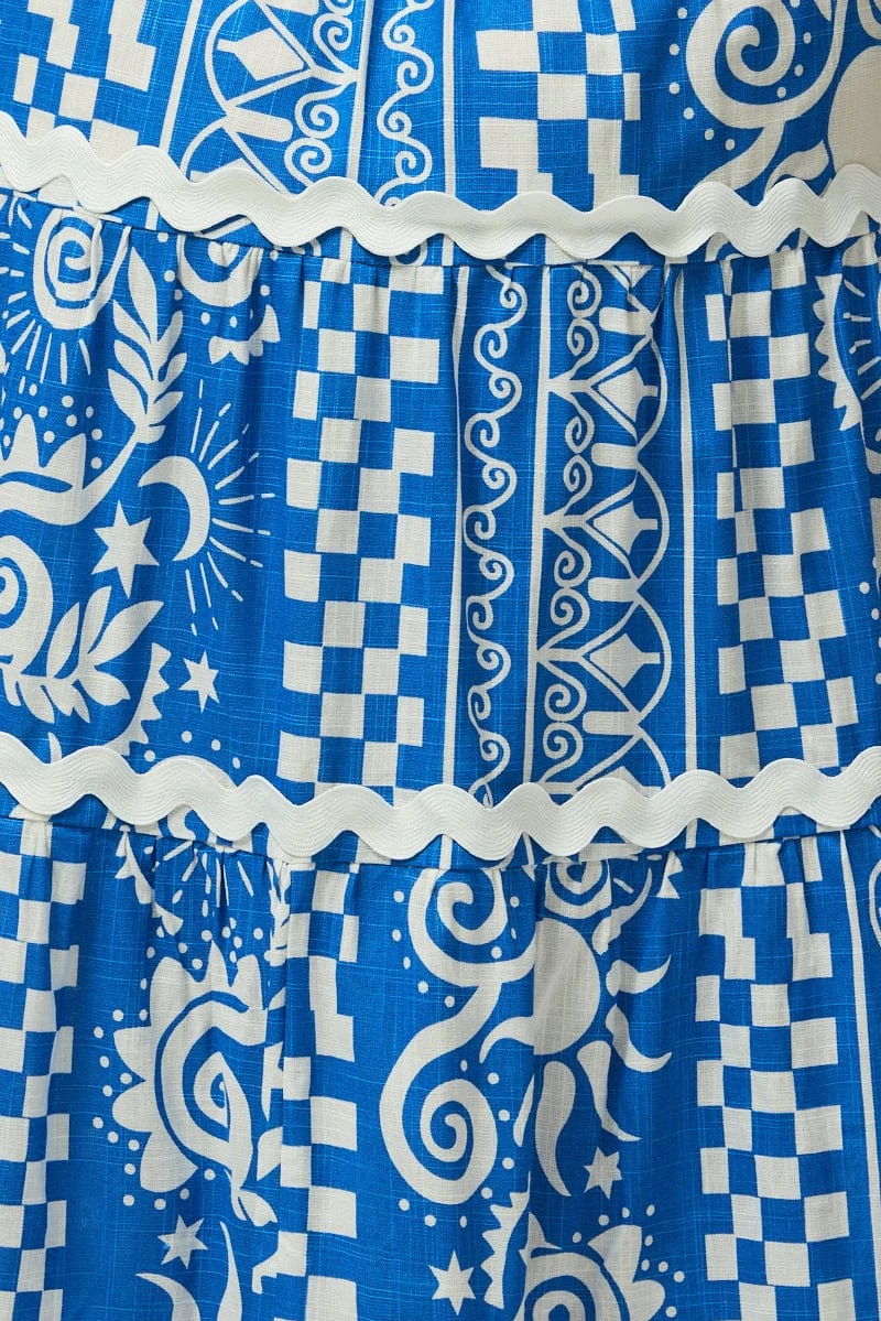 Blue Abstract Midi Dress Sleeveless Tiered Ric Rac Linen Blend 6 Blue Abstract Midi Dress Sleeveless Tiered Ric Rac Linen Blend - Image 6