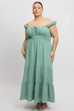 Green Midi Dress Short Sleeve Ruched