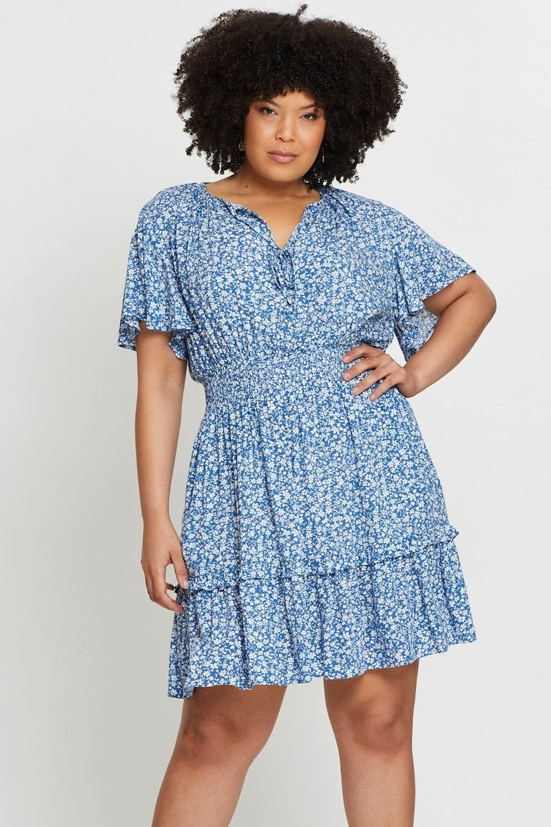 Ditsy Print Skater Dress V-neck Short Sleeve Tie 1 Ditsy Print Skater Dress V-neck Short Sleeve Tie