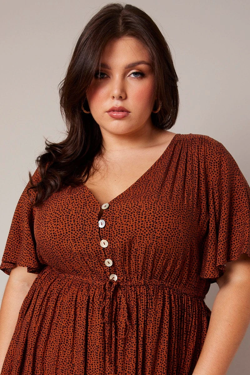 Brown Geo Shell Button Mini Dress 2 Brown Geo Shell Button Mini Dress - Image 2