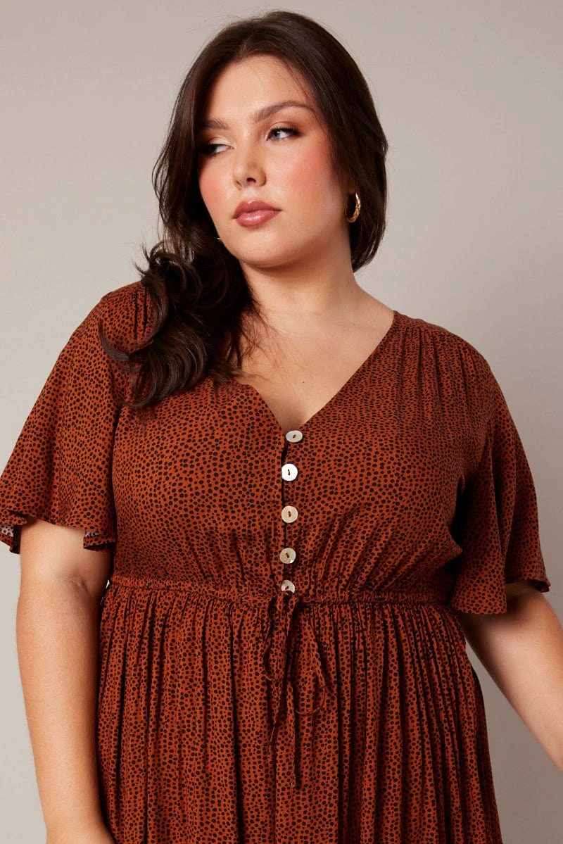 Brown Geo Shell Button Mini Dress 3 Brown Geo Shell Button Mini Dress - Image 3