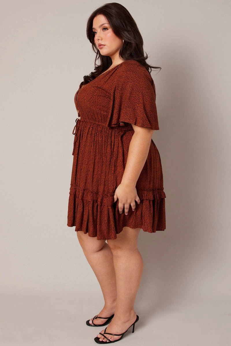 Brown Geo Shell Button Mini Dress 4 Brown Geo Shell Button Mini Dress - Image 4