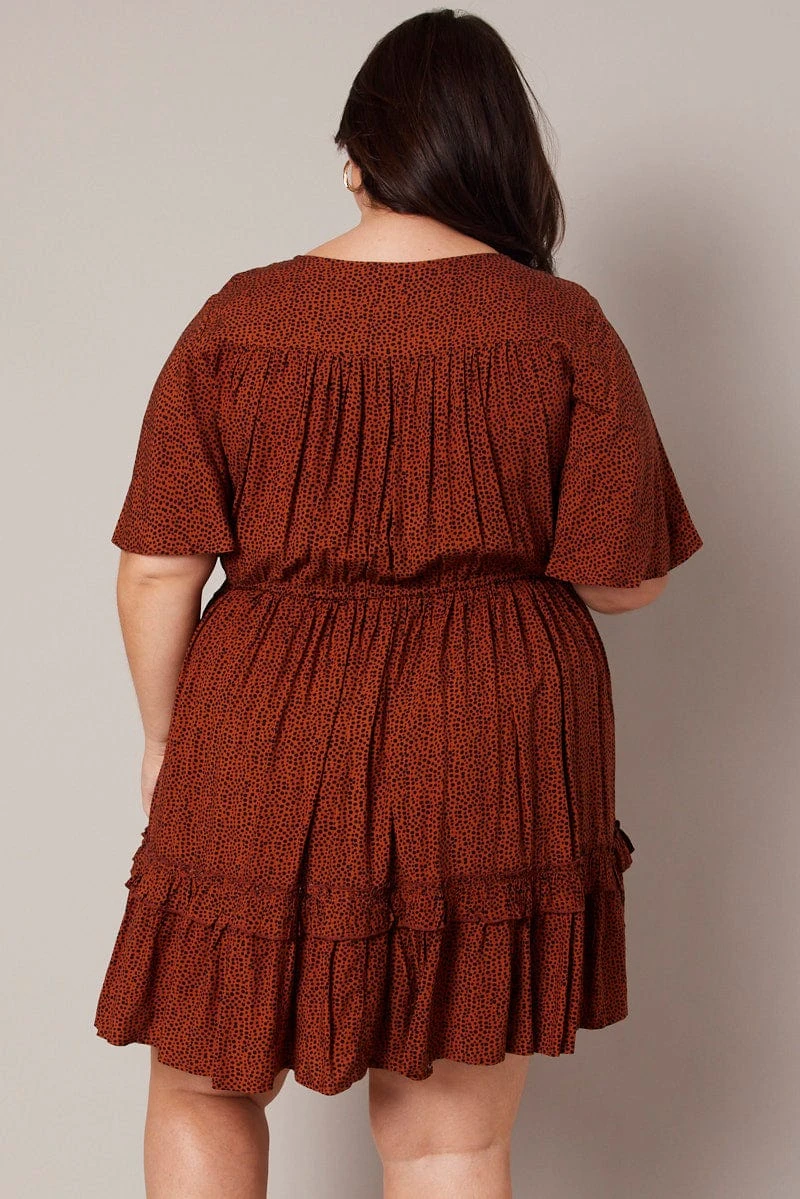 Brown Geo Shell Button Mini Dress 5 Brown Geo Shell Button Mini Dress - Image 5