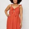 Brown Skater Dress V-neck Sleeveless Tie Front
