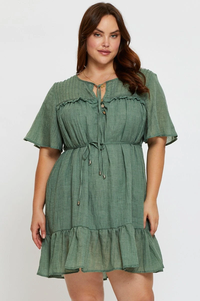 Green Skater Dress Round Neck Short Sleeve Tie Front 1 Green Skater Dress Round Neck Short Sleeve Tie Front