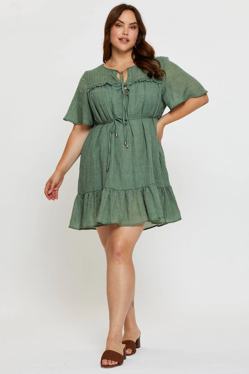 Green Skater Dress Round Neck Short Sleeve Tie Front 2 Green Skater Dress Round Neck Short Sleeve Tie Front - Image 2