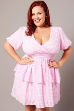 Pink Check Shirred Waistband Layer Minidress -You And All Fashion Store cdd25173d 35a soft pink 3