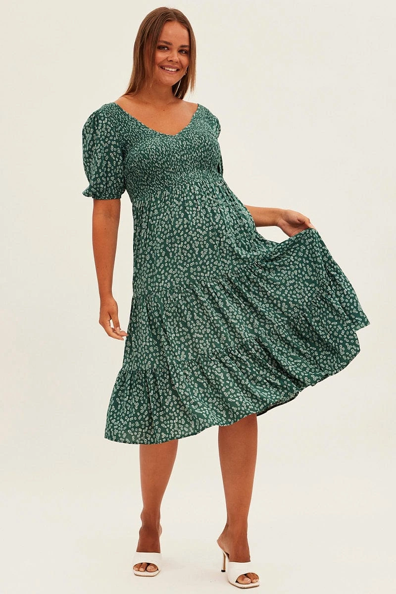 Green Ditsy Midi Dress Shirred Bodice V-neck 1 Green Ditsy Midi Dress Shirred Bodice V-neck
