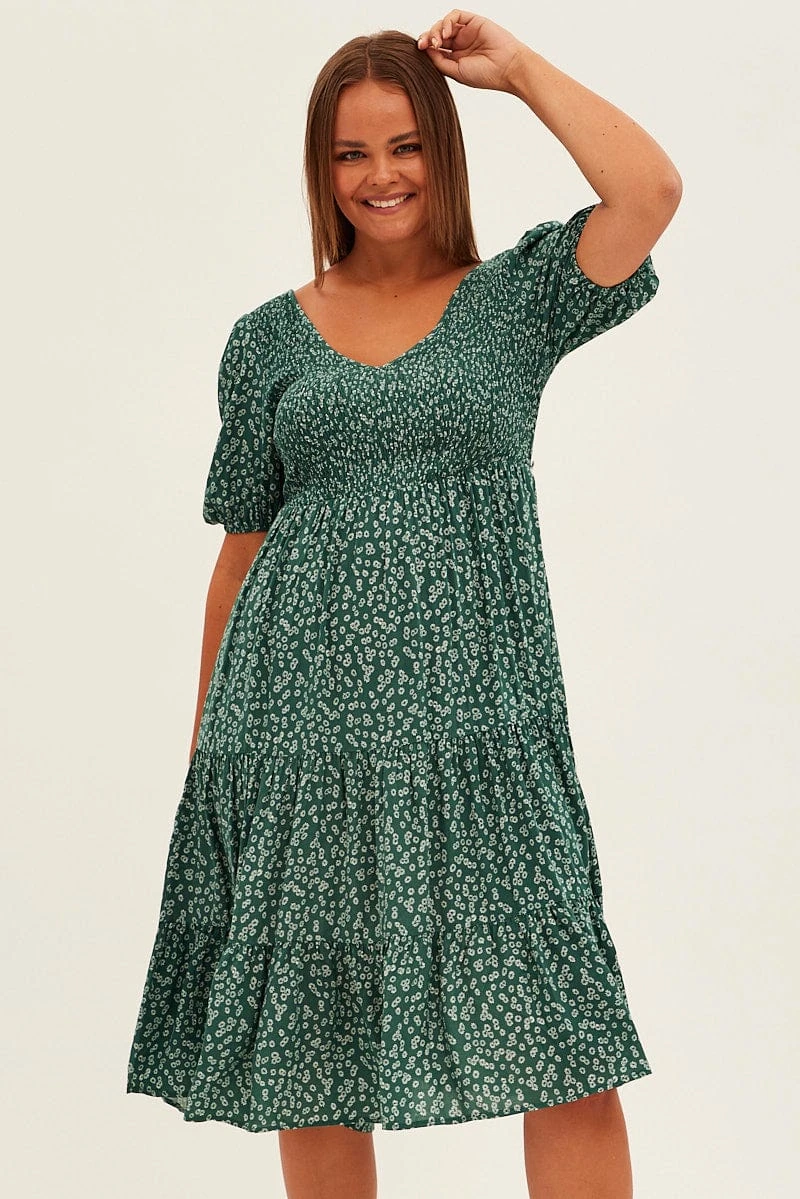 Green Ditsy Midi Dress Shirred Bodice V-neck 2 Green Ditsy Midi Dress Shirred Bodice V-neck - Image 2