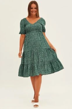 Green Ditsy Midi Dress Shirred Bodice V-neck 8 Green Ditsy Midi Dress Shirred Bodice V-neck -You And All Fashion Store cdd25174 33ab ditsy 3