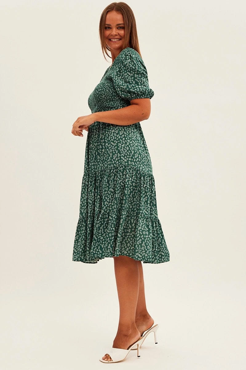 Green Ditsy Midi Dress Shirred Bodice V-neck 4 Green Ditsy Midi Dress Shirred Bodice V-neck - Image 4