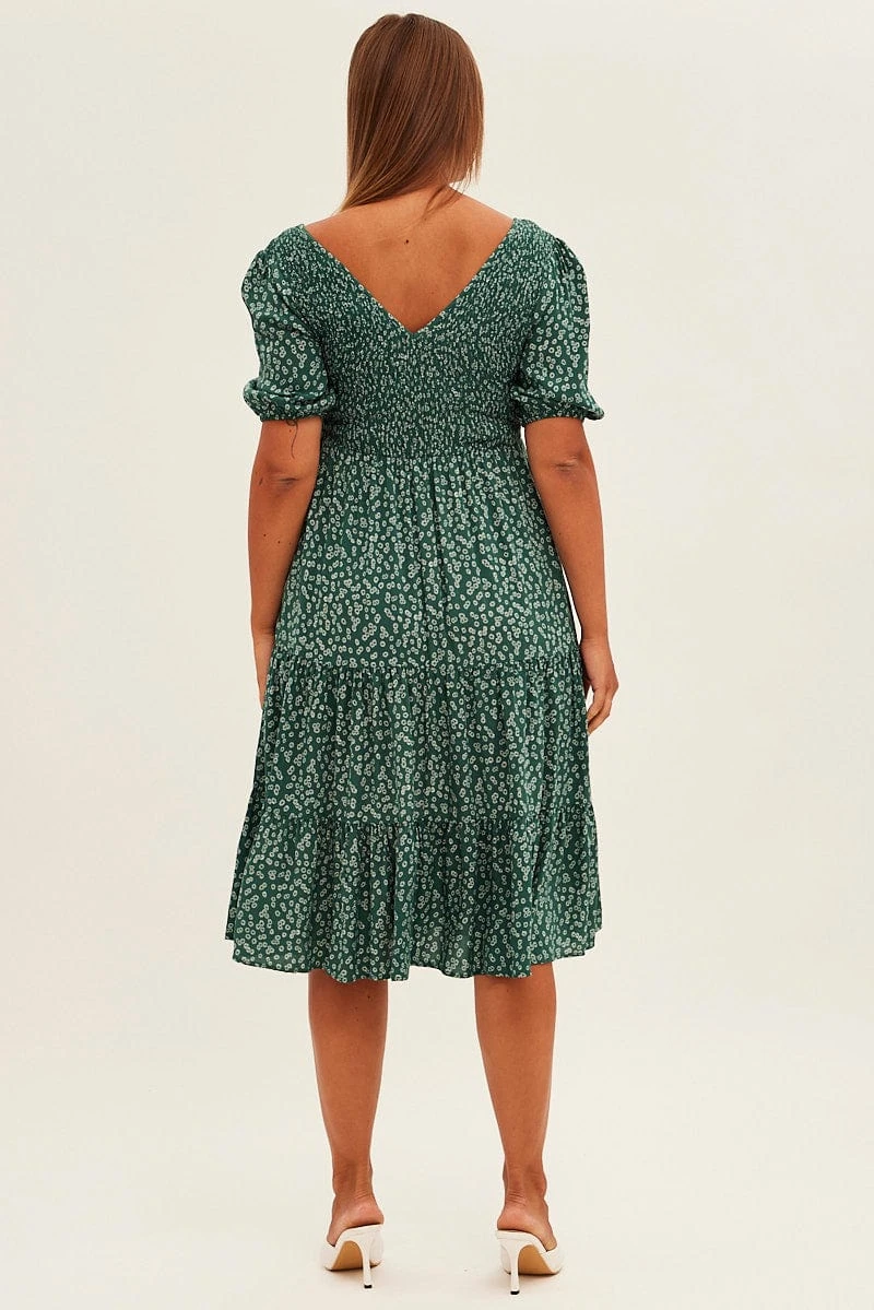 Green Ditsy Midi Dress Shirred Bodice V-neck 5 Green Ditsy Midi Dress Shirred Bodice V-neck - Image 5