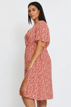 Ditsy Print Front Split Dress V-neck Short Sleeve -You And All Fashion Store cdd25180 33lb disty prt 4