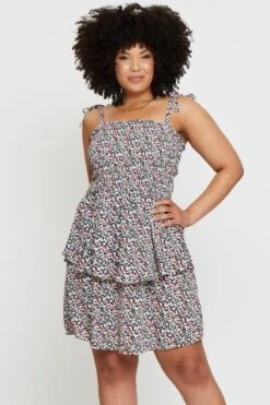 Ditsy Print Plus Sleeveless Shirred Tiered Skater Dress -You And All Fashion Store cdd25236 34l disty prt 3