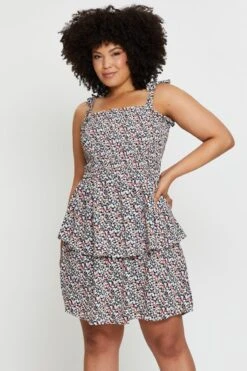 Ditsy Print Ruffle Dress Square Neck Sleeveless