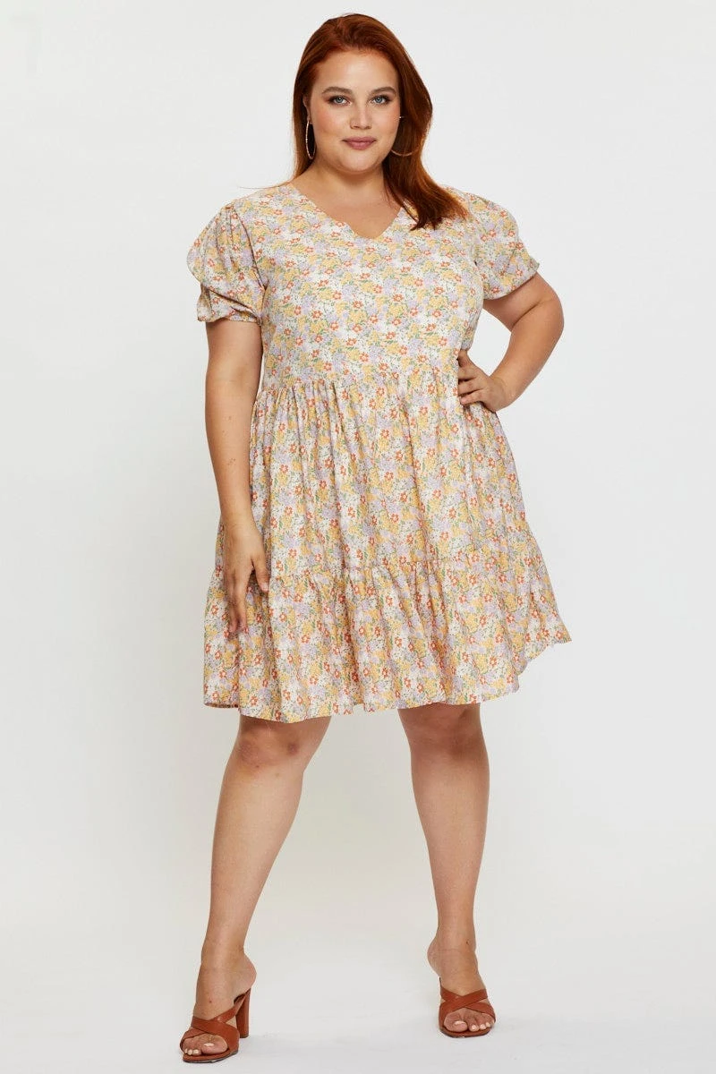 Ditsy Print Smock Dress V-neck Short Sleeve 2 Ditsy Print Smock Dress V-neck Short Sleeve - Image 2