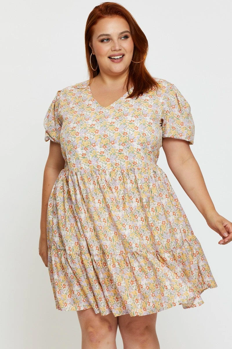 Ditsy Print Smock Dress V-neck Short Sleeve 3 Ditsy Print Smock Dress V-neck Short Sleeve - Image 3