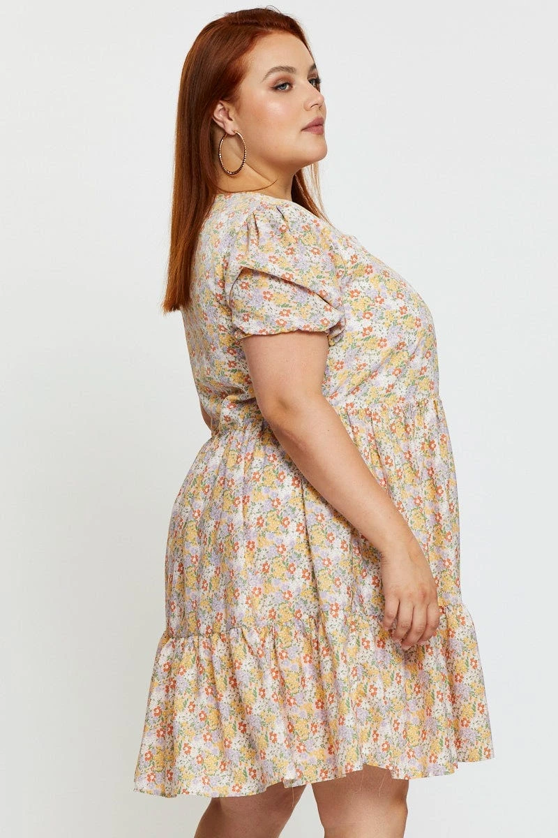 Ditsy Print Smock Dress V-neck Short Sleeve 4 Ditsy Print Smock Dress V-neck Short Sleeve - Image 4