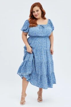 Blue Ditsy Midi Dress Off Shoulder Tie Front Layered Skirt -You And All Fashion Store cdd25264ll 33ab ditsy 3
