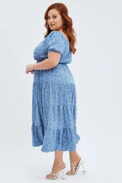 Blue Ditsy Midi Dress Off Shoulder Tie Front Layered Skirt -You And All Fashion Store cdd25264ll 33ab ditsy 4