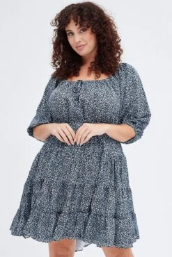 Blue Ditsy Scoop Tiered Dress 3/4 Sleeve Gather Bust