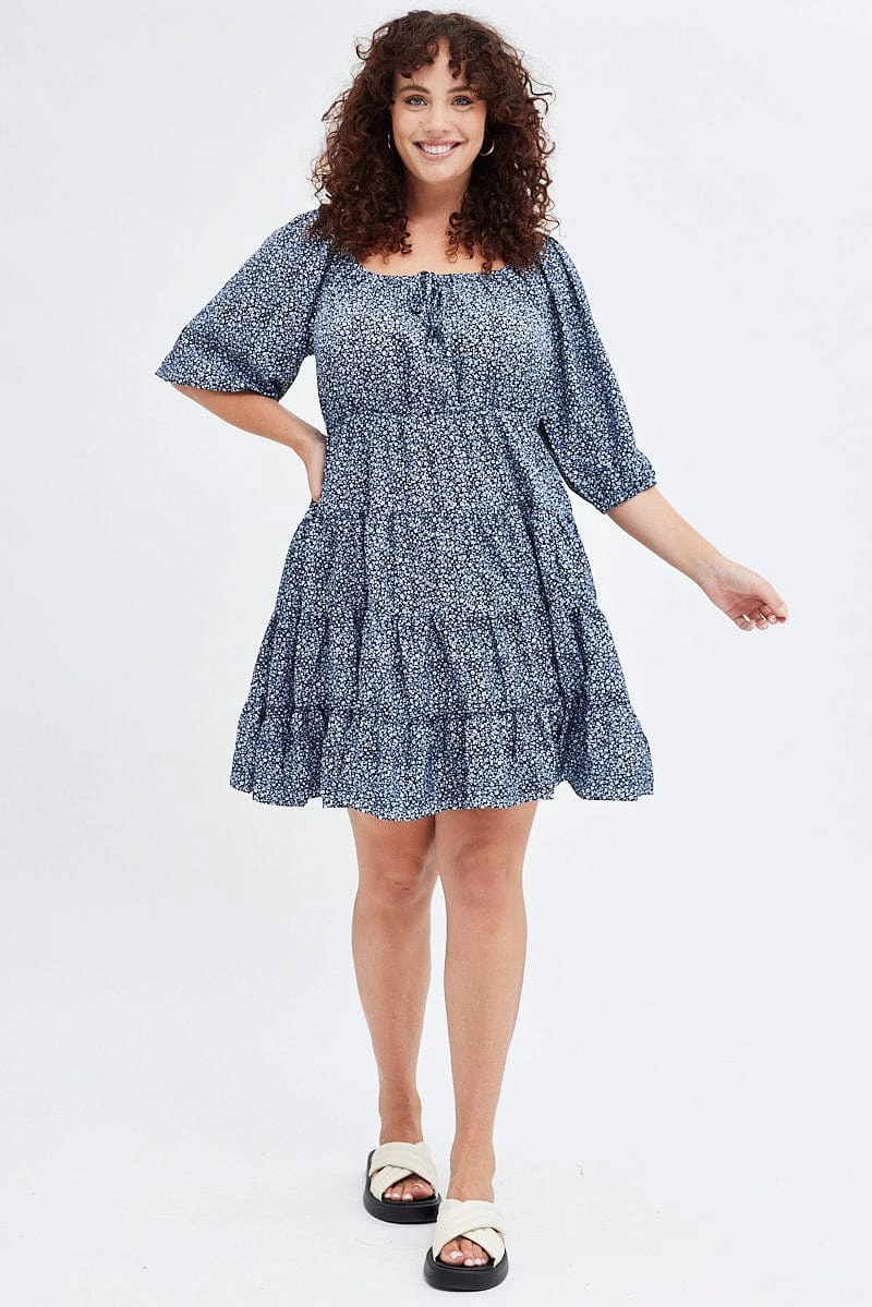 Blue Ditsy Scoop Tiered Dress 3/4 Sleeve Gather Bust 2 Blue Ditsy Scoop Tiered Dress 3/4 Sleeve Gather Bust - Image 2