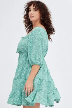 Green Ditsy Scoop Tiered Dress 3/4 Sleeve Gather Bust -You And All Fashion Store cdd25264lsa 33a ditsy 4