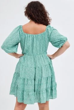 Green Ditsy Scoop Tiered Dress 3/4 Sleeve Gather Bust -You And All Fashion Store cdd25264lsa 33a ditsy 5