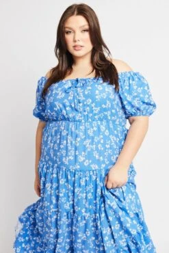 Blue Ditsy Midi Dress Short Sleeve Tiered -You And All Fashion Store cdd25264t 33r ditsy 3