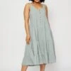 Green Midi Dress Square Neck Sleeveless Button