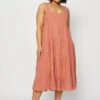 Pink Midi Dress Square Neck Sleeveless Button