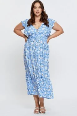 Floral Print Maxi Dress V-neck Short Sleeve -You And All Fashion Store cdd25286 35lb floral prt 3