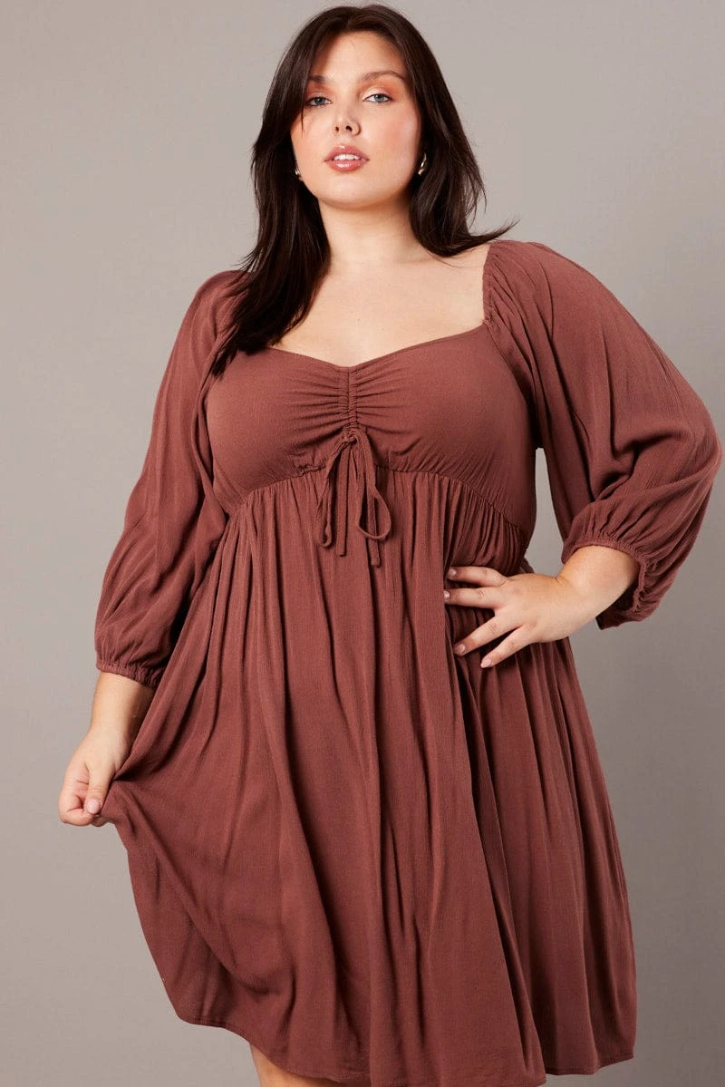 Brown Crinkle Ruched Drawstring Mini Dress 1 Brown Crinkle Ruched Drawstring Mini Dress
