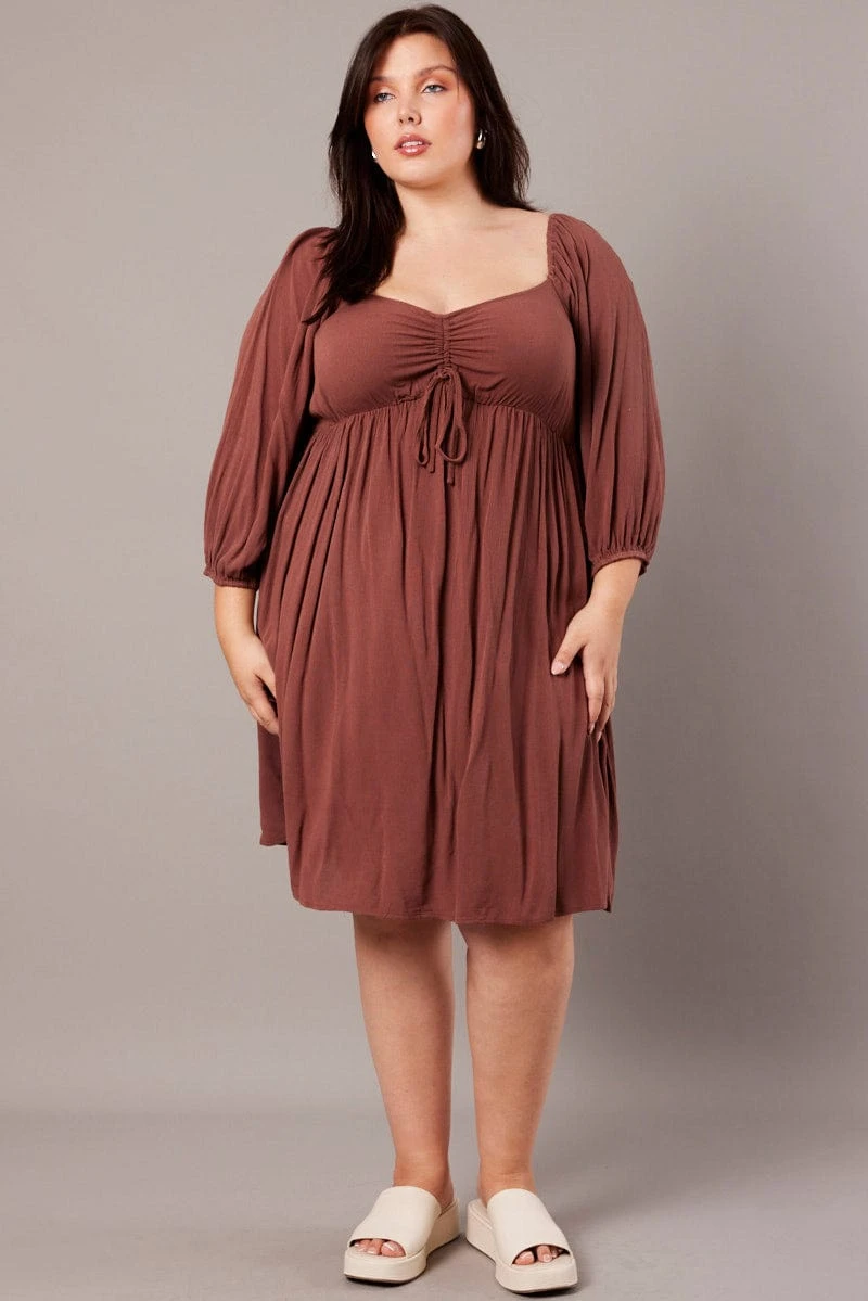 Brown Crinkle Ruched Drawstring Mini Dress 2 Brown Crinkle Ruched Drawstring Mini Dress - Image 2