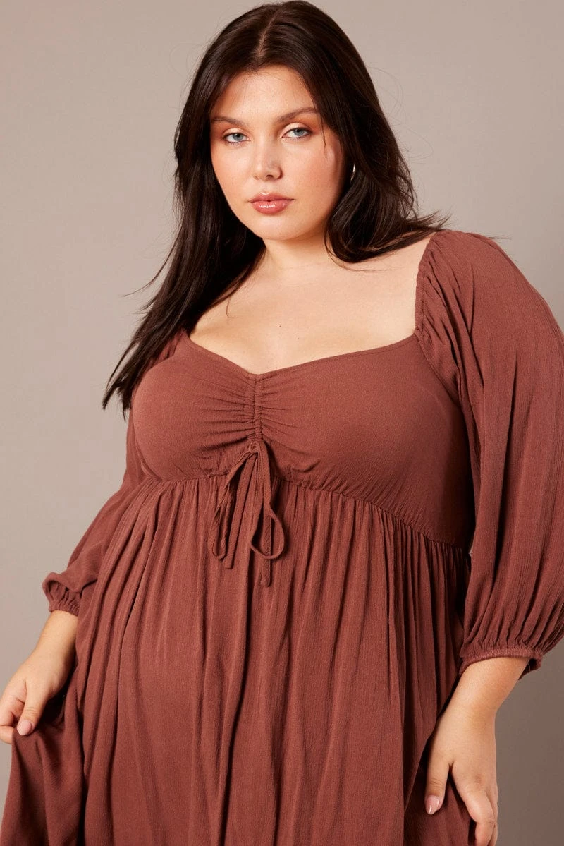 Brown Crinkle Ruched Drawstring Mini Dress 3 Brown Crinkle Ruched Drawstring Mini Dress - Image 3