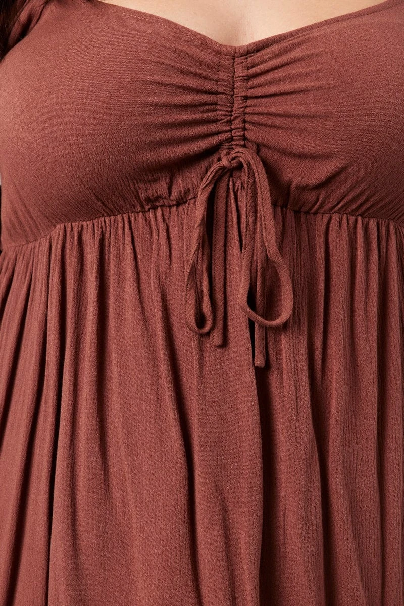 Brown Crinkle Ruched Drawstring Mini Dress 6 Brown Crinkle Ruched Drawstring Mini Dress - Image 6